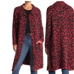 Joseph A Red and Black Animal Print Open Shawl Collar Cardigan Sweater Size XL